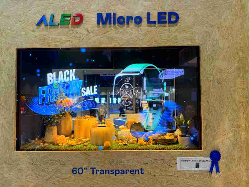 银河集团60吋高透明度Micro LED显示器获”最佳Micro LED技术应用奖”，，，将Micro LED面板透明化之设计特性极致发挥，，，，以可扩展性无缝拼接技术打造，，具备600 nits全画面亮度、、、大于60%穿透率及超过NTSC 110%的优异广色域表现，，可依需求灵活应用于各种场域